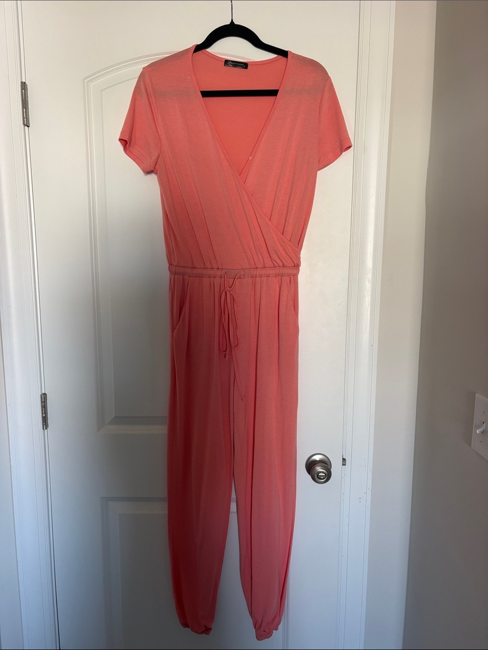 Wrap-Front Coral Jumpsuit with Drawstring Waist